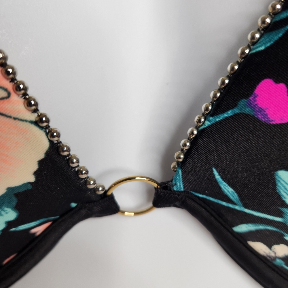 SOLD - Shade & Shore Multi-Color Floral Padded Beaded Edge Bikini Top 38DD - Picture 2 of 7